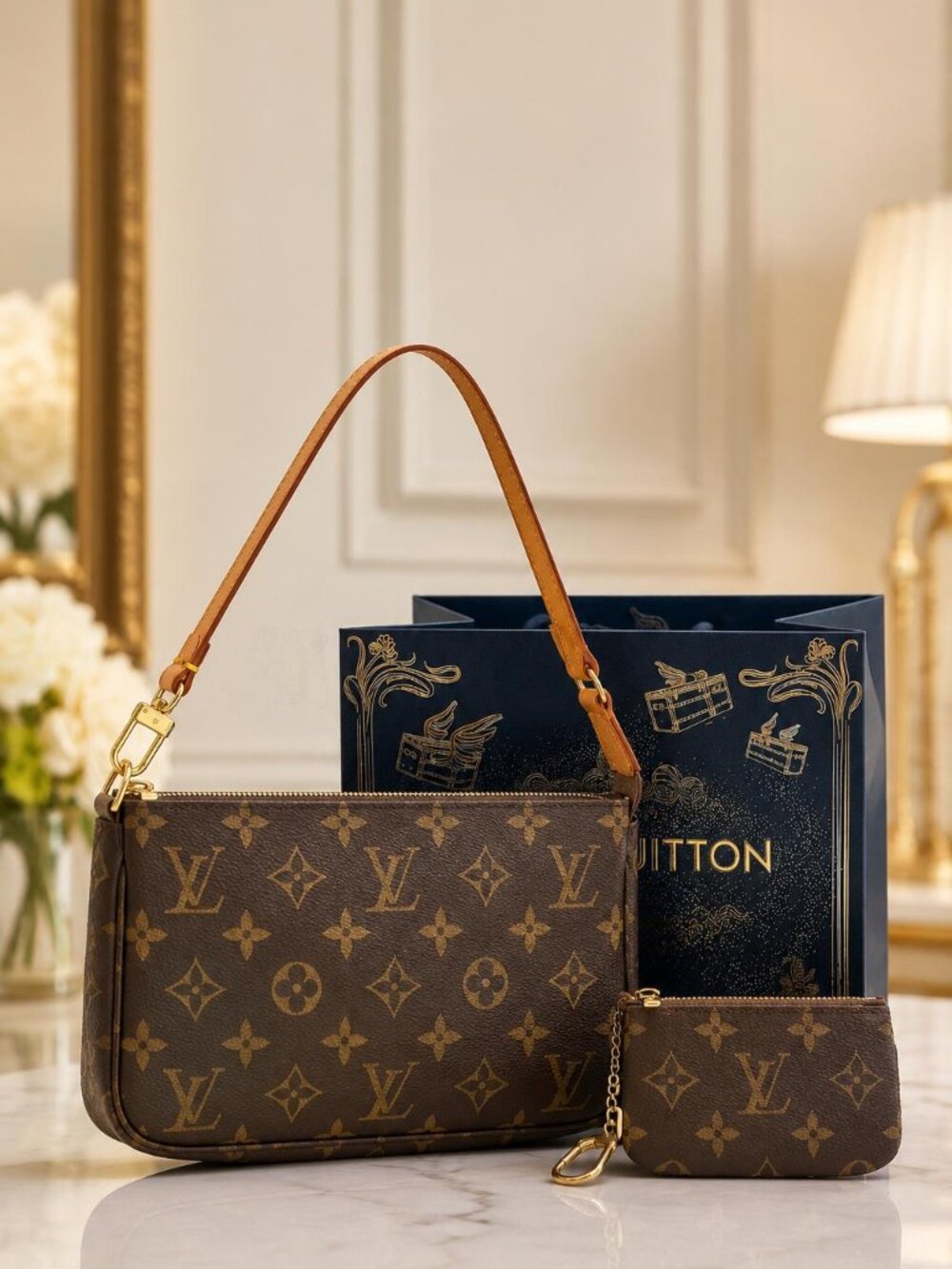 Authentic Louis Vuitton Monogram Pochette Accessoires & Cles Coin case Set 2 - Picture 1 of 16